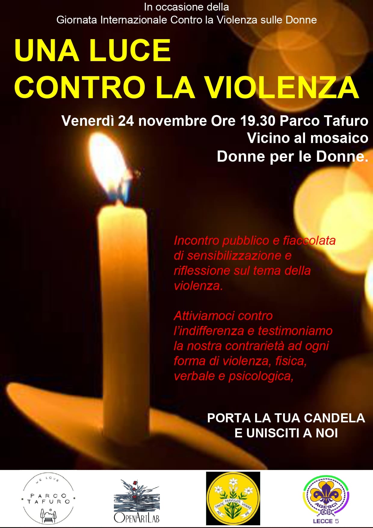 Parco Tafuro, Lecce. Fiaccolata stasera contro la violenza sulle donne .Seguirà flash mob.