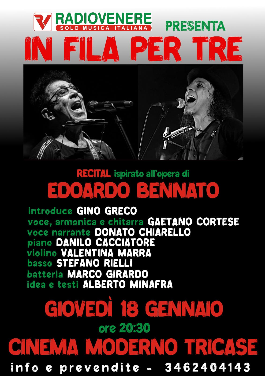 “In fila per tre”, stasera al Cinema Moderno di Tricase recital di Gaetano Cortese ed altri artisti ispirato ad Edoardo Bennato.