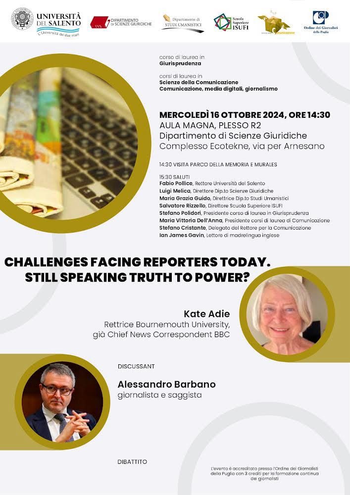 “Challenges facing reporters today. Still speaking truth to power”, la professione del reporter oggi. Un seminario all’Università del Salento il 16 ottobre