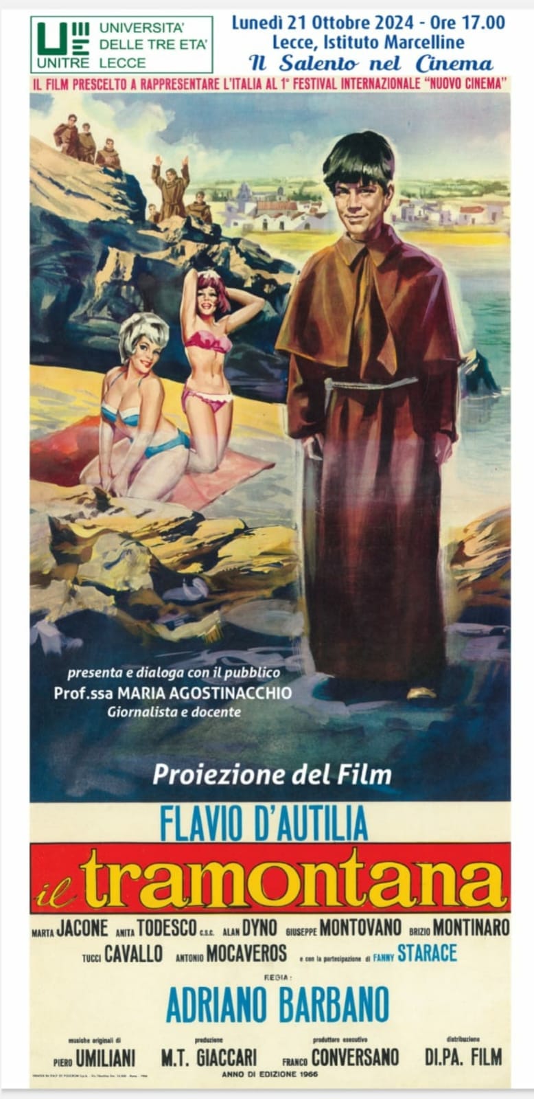 Lecce, nel salone cinematografico delle Marcelline il 21 ottobre “Il Tramontana” di Adriano Barbano, film che racconta le contraddizioni del Salento negli anni sessanta.