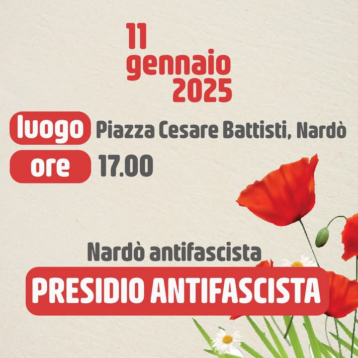 FUORI I FASCISTI DALLA BIBLIOTECA VERGARI di NARDÓ! Presidio antifascista a Nardò 11 gennaio ore 18 piazza Cesare Battisti, in risposta ad iniziativa “culturale” di CasaPound.
