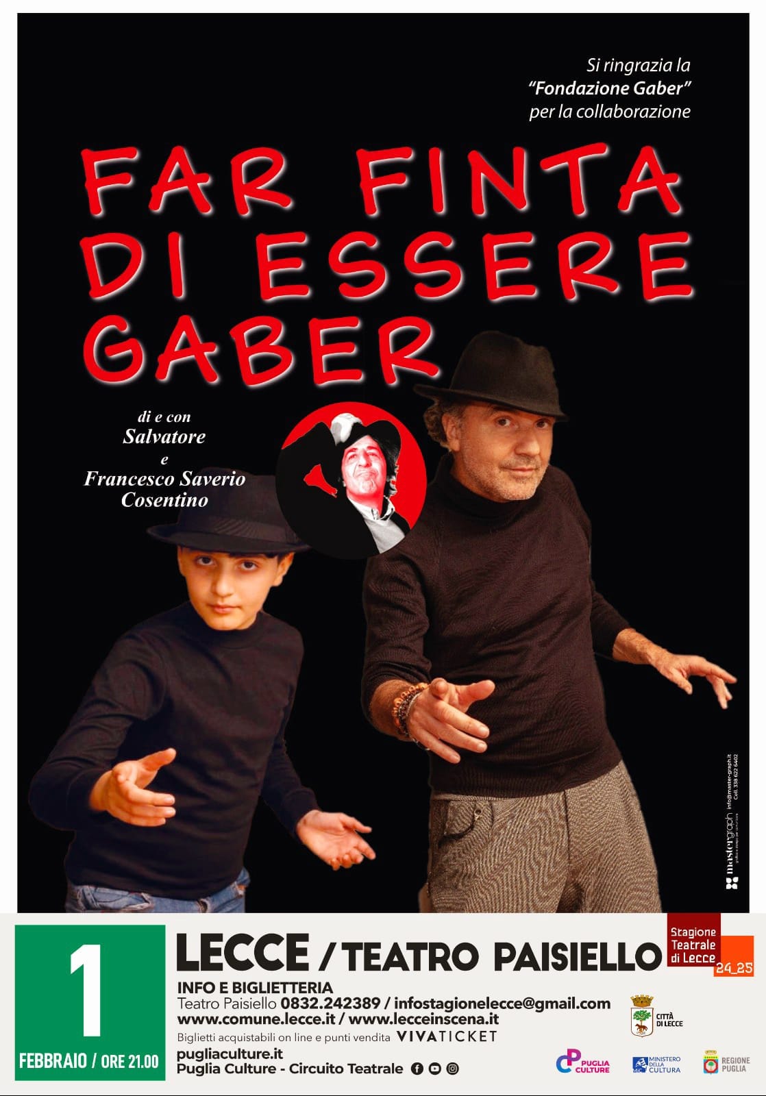 “Far finta di essere Gaber”. Stasera al Teatro Paisiello di Lecce lo spettacolo di Salvatore e Francesco Saverio Cosentino (già sold out!)