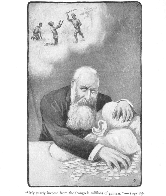 Propagandopolis: Leopoldo II, re del Belgio, abbraccia i suoi averi mentre abusa del Congo (1905)