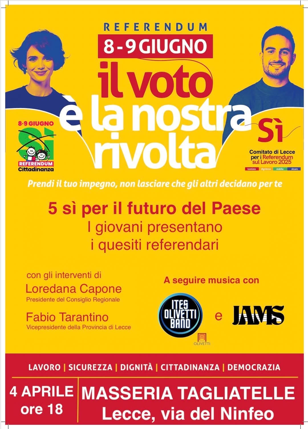 Lecce: Comitati provinciali per il Sì ai referendum su lavoro e cittadinanza oggi alla Masseria Tagliatelle