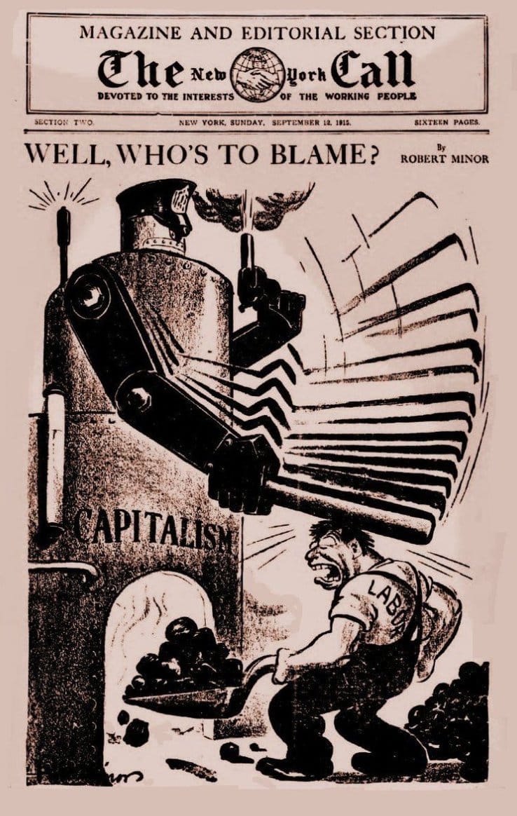 Propagandopolis: vignetta socialista americana (1915) che raffigura il capitalismo come una macchina che picchia un operaio