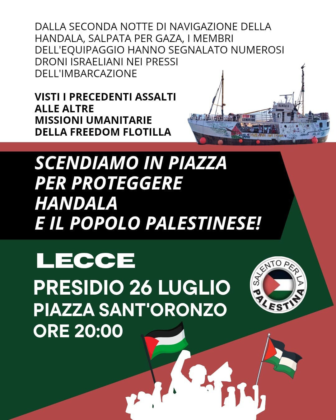 In piazza per proteggere Handala e a sostegno del Popolo Palestinese. Stasera a Lecce ore 20:00 in Piazza Sant’Oronzo.