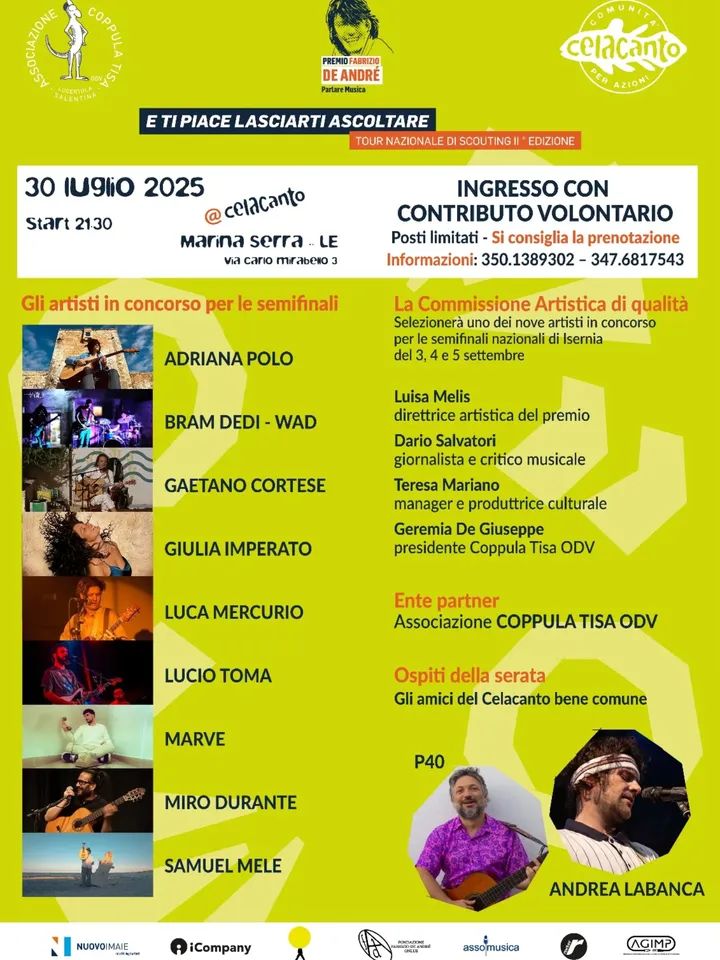 Stasera al Celacanto di Marina Serra di Tricase il Premio Fabrizio De André