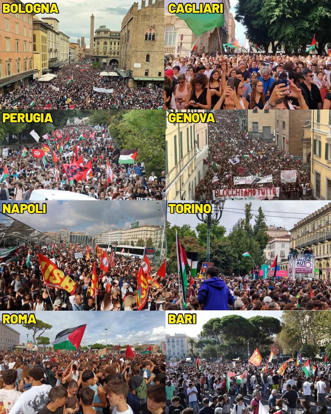 Migliaia di persone in tutta Italia per lo sciopero generale contro il genocidio del popolo palestinese ed in solidarietà con la Global Sumud Flotilla