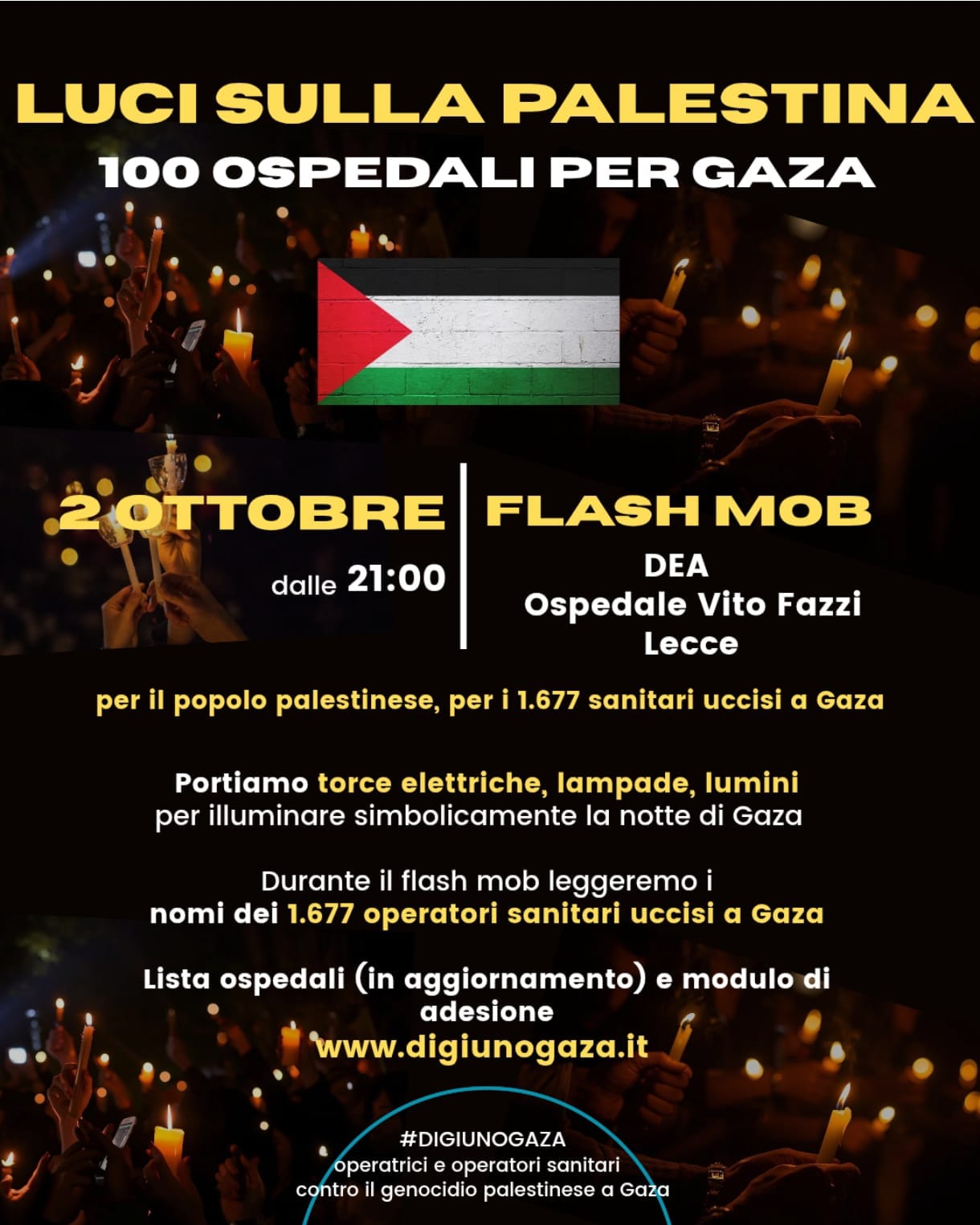 Luci sulla Palestina. 100 ospedali per Gaza. Domani 2 ottobre alle 21 un flash mob anche a Lecce.