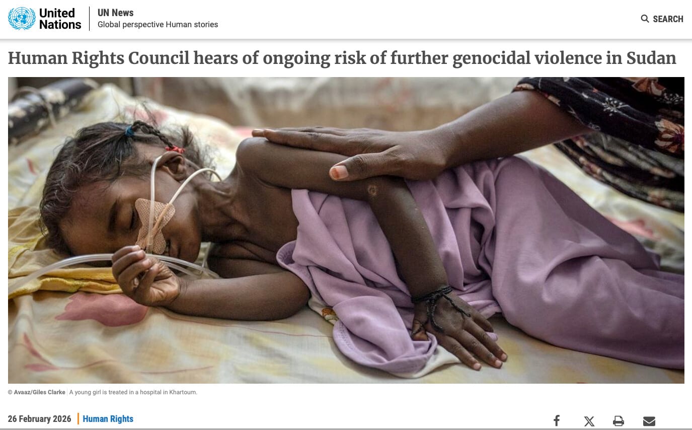 I crimini delle Forze di Reazione Rapida (RSF) supportate militarmente dagli Emirati Arabi Uniti”. Le prove stabiliscono che in Sudan sono stati commessi almeno tre atti concreti di genocidio”La missione ONU ha chiarito: “La portata, il coordinamento e l’approvazione pubblica dell’operazione da parte dell’alta leadership delle RSF hanno fatto parte di un’operazione pianificata e organizzata che presenta le caratteristiche distintive del genocidio”.