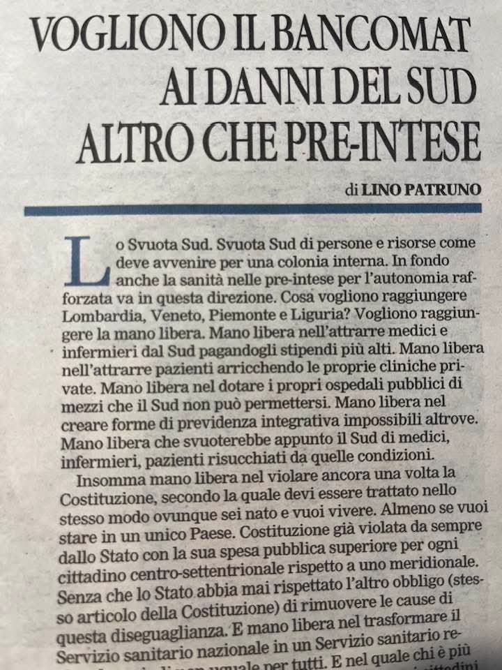 Lo “Svuota Sud”: le conseguenze del preaccordo tra governo e principali regioni settentrionali nell’attuazione dell'”autonomia rafforzata”
